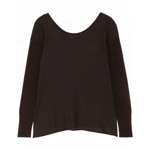 May include: A dark brown long-sleeve jumper featuring a wide, rounded scoop neckline. The garment is constructed with a fine-knit texture, long sleeves with fitted cuffs, and a straight hemline, presenting a solid, monochromatic dark brown colour throughout.