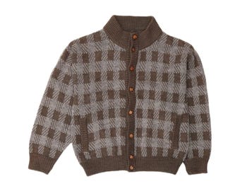 Vintage Herren-Cardigan, mittelbraun kariert, Acryl