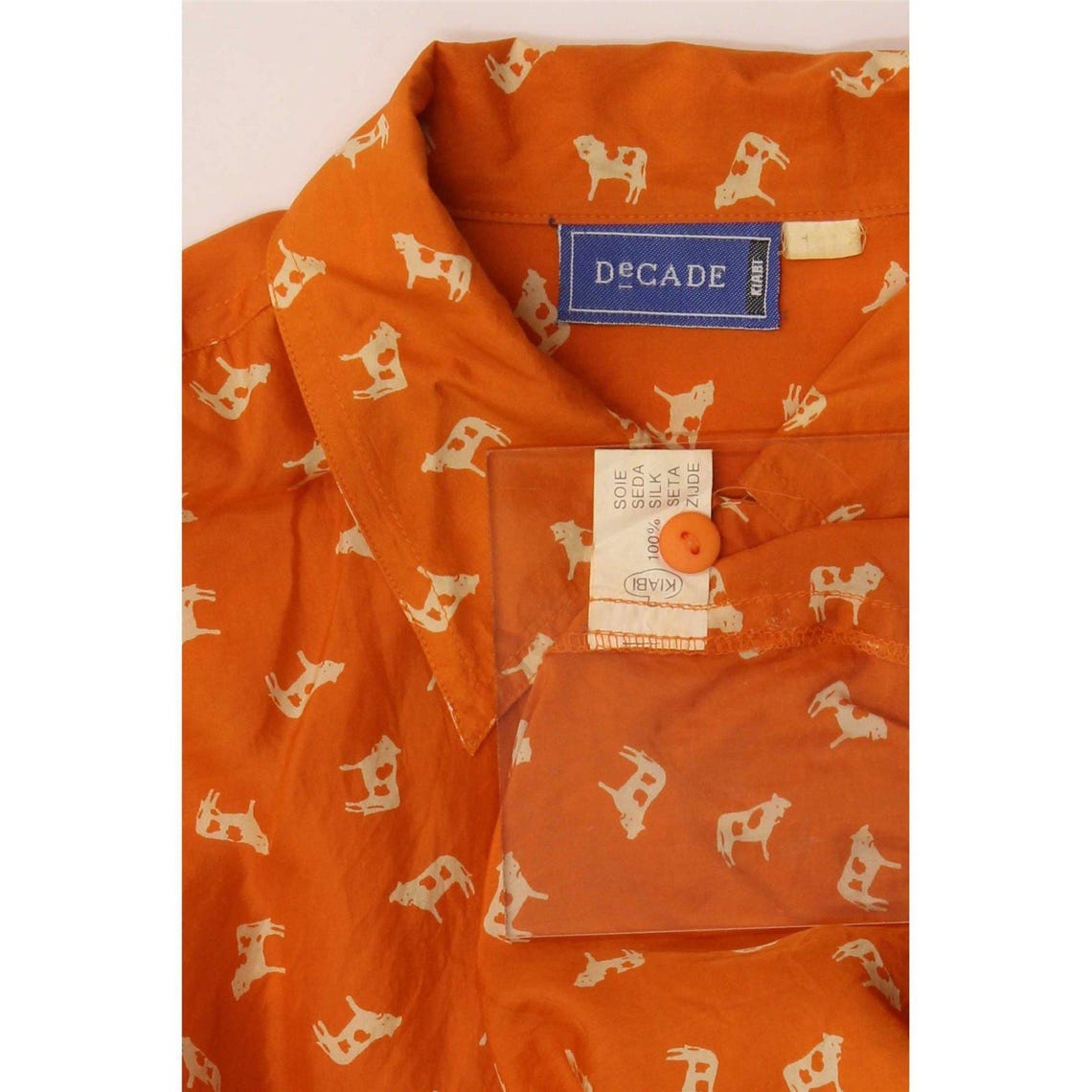 Vintage Womens Abstract Pattern Shirt UK 10 Small Orange Animal Print Silk, foto 3 di 3