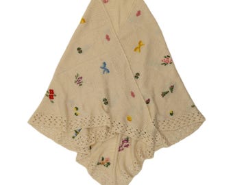 Vintage Womens Hand Knit Knit Shawl One Size  Off White Floral Bohemian