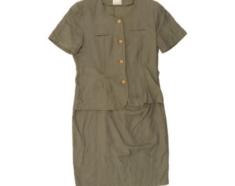 Vestido peplum vintage para mujer, talla IT 46, color caqui lino.