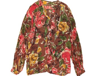 Vintage Womens Loose Fit Shirt Blouse UK 14 Medium Brown Floral Silk