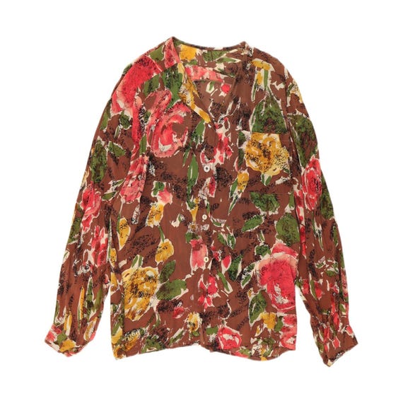 Vintage Womens Loose Fit Shirt Blouse UK 14 Medium Brown Floral Silk