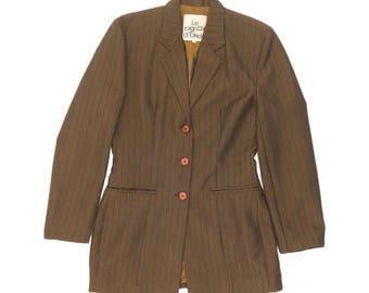 Vintage Damenblazer mit 3 Knöpfen, Größe IT 44 (mittel), Khaki-gestreift, Polyester