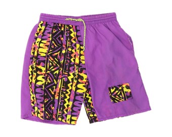 Vintage Mens Sport Shorts Large  Purple Geometric Nylon