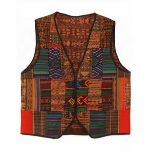 May include: A sleeveless vest featuring a patchwork design of various woven fabrics in shades of brown, orange, green, and purple. The garment has a V-neckline, a front button closure with three black buttons, and dark brown trim along the edges.