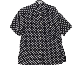 Vintage Damen Kurzarm Shirt Bluse UK 16 Large Black Polka Dot Seide