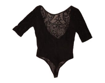Vintage Womens See Through Bodysuit UK 8 Small Black Flecked