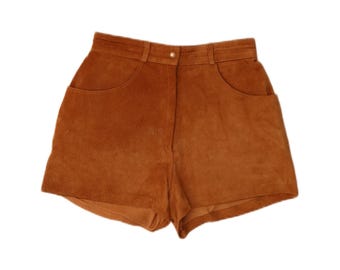 Shorts de gamuza de talle alto para mujer, estilo vintage, talla IT 44 (mediana), W25 (marrón).