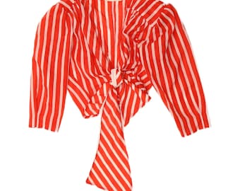 Vintage Womens Front Tie 3/4 Sleeve Blouse Top IT 44 Medium Red Striped