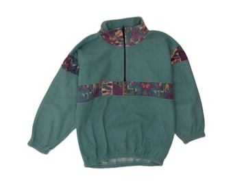 Jersey polar vintage para hombre con cuello de cremallera, talla M, color verde, estampado geométrico, poliéster.