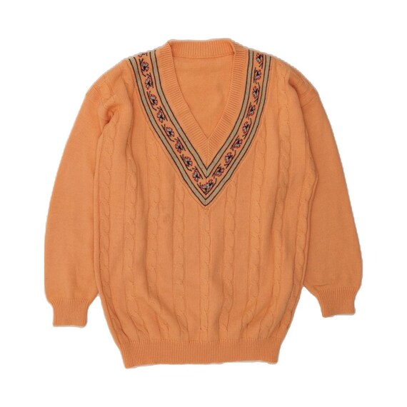 VINTAGE Womens V-Neck Jumper Sweater UK 20 2XL Orange Floral Wool
