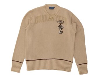 Suéter vintage para hombre con cuello en V y gráfico, talla grande, de algodón beige