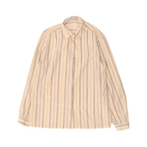 May include: A long-sleeved button-down shirt in a light cream colour featuring vertical stripes in shades of blue, pink, and yellow. The shirt has a standard collar, a front button placket, and buttoned cuffs, with a visible brand label at the neck.
