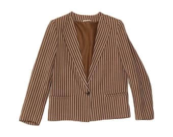 VINTAGE Womens 1 Button Blazer Jacket UK 12 Medium Brown Striped Viscose