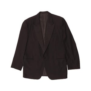 May include: A dark brown blazer with a notched lapel, a single-button closure, and two front pockets. The blazer has long sleeves and a tailored fit, suitable for formal or business wear.