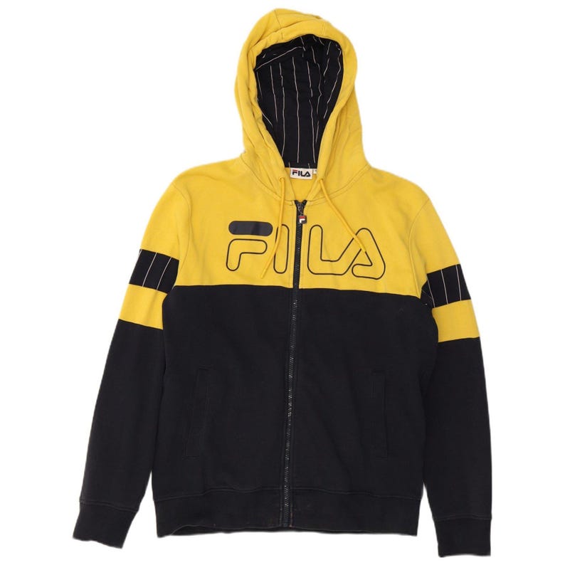 Bluza z kapturem Fila męska z nadrukiem i zamkiem błyskawicznym, mała, żółta, z bawełny w bloki kolorów zdjęcie 1
