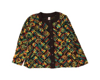 Cárdigan vintage para mujer, talla UK 18 XL, negro con estampado geométrico.