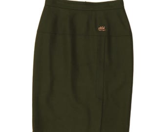 Falda lápiz vintage para mujer, talla UK 12 mediana W28, color caqui, lana virgen.