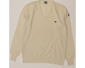 Jersey de punto vintage para hombre con cuello en V y estampado gráfico, de lana color blanco roto, talla mediana.