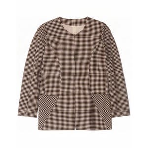 May include: A long-sleeve jacket featuring a brown and white gingham check pattern. This garment has a collarless round neckline, a central front zip closure, and two large triangular patch pockets positioned on the lower front panels.