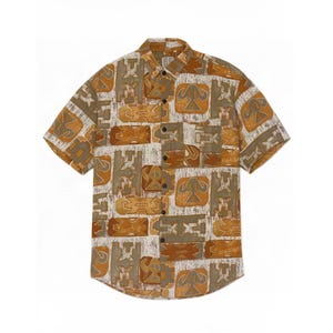 May include: A short-sleeved button-down shirt featuring a repeating geometric pattern in shades of mustard yellow, olive green, and white. The shirt has a standard collar, a front button placket, and a single chest pocket on the left side.