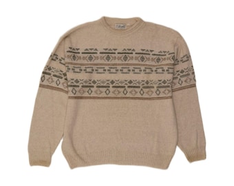 Jersey de cuello redondo vintage para hombre, talla grande, color beige, estampado geométrico, de algodón.