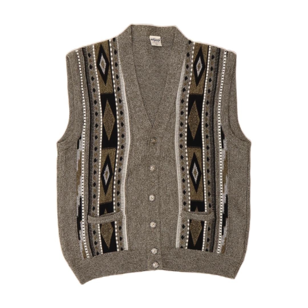 VINTAGE Mens Sleeveless Cardigan Sweater XL Grey Argyle/Diamond