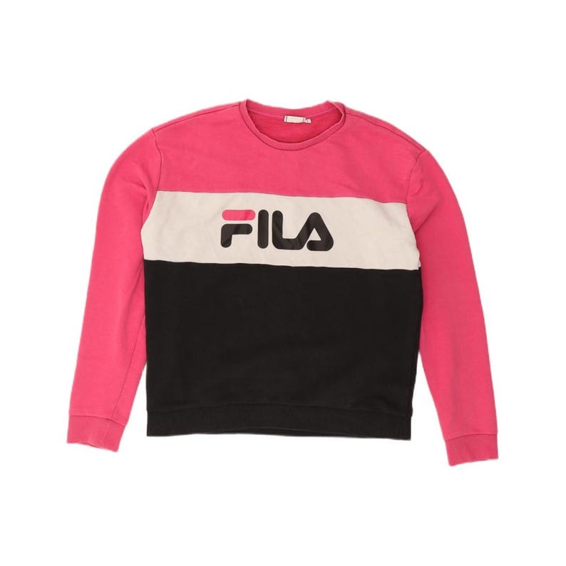 Fila Womens Graphic Sweatshirt Jumper UK 16 Large Pink Colourblock Cotton image 1