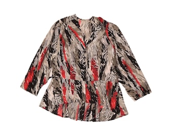 Blusa/camisa vintage de mujer con estampado abstracto y manga tres cuartos, talla UK 16 (Grande), color gris.