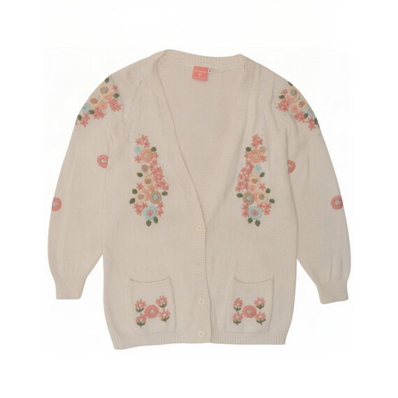 Vintage Womens Cardigan Sweater UK 14 Medium White Floral Cotton