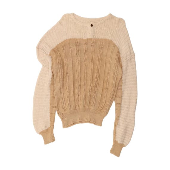VINTAGE Womens Boat Neck Jumper Sweater UK 14 Large Beige Colourblock