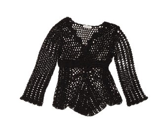 Blusa vintage de mujer transparente de crochet, talla UK 18 XL, color negro, algodón.
