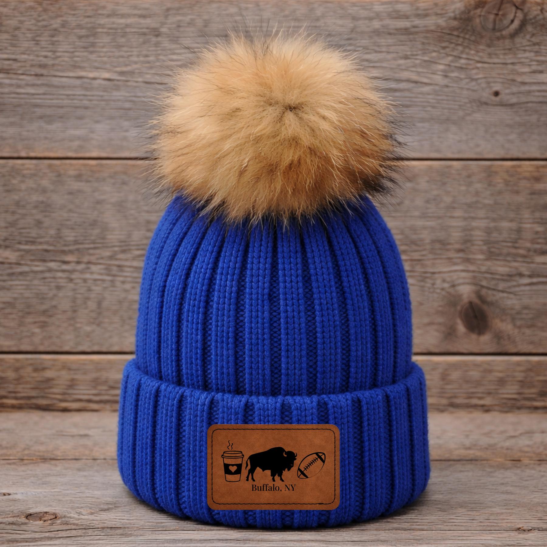 Buffalo Football & Coffee Lover Faux Fur Pom Beanie Cozy Winter Hat with Laser Engraved Leather Patch