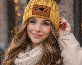 Buffalo Hockey Faux Fur Pom Beanie with Laser Engraved Patch | Coffee Lover Winter Hat, Sabers Inspired Hockey Gift