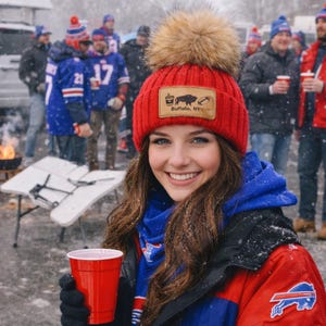 Buffalo Football & Coffee Lover Faux Fur Pom Beanie | Cozy Winter Hat with Laser Engraved Leather Patch