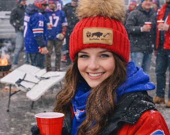 Buffalo Football & Coffee Lover Faux Fur Pom Beanie | Cozy Winter Hat with Laser Engraved Leather Patch