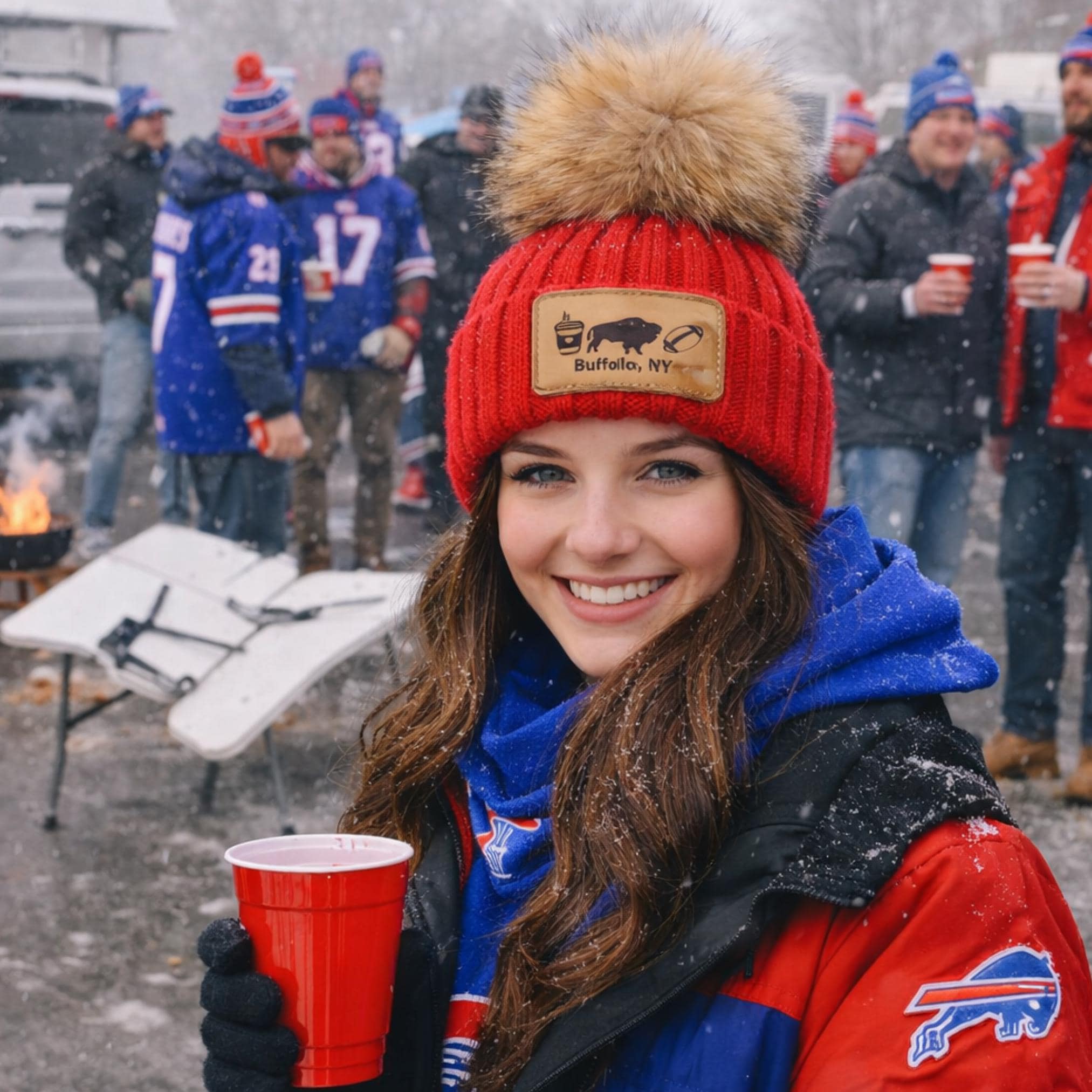 Buffalo Football & Coffee Lover Faux Fur Pom Beanie Cozy Winter Hat with Laser Engraved Leather Patch
