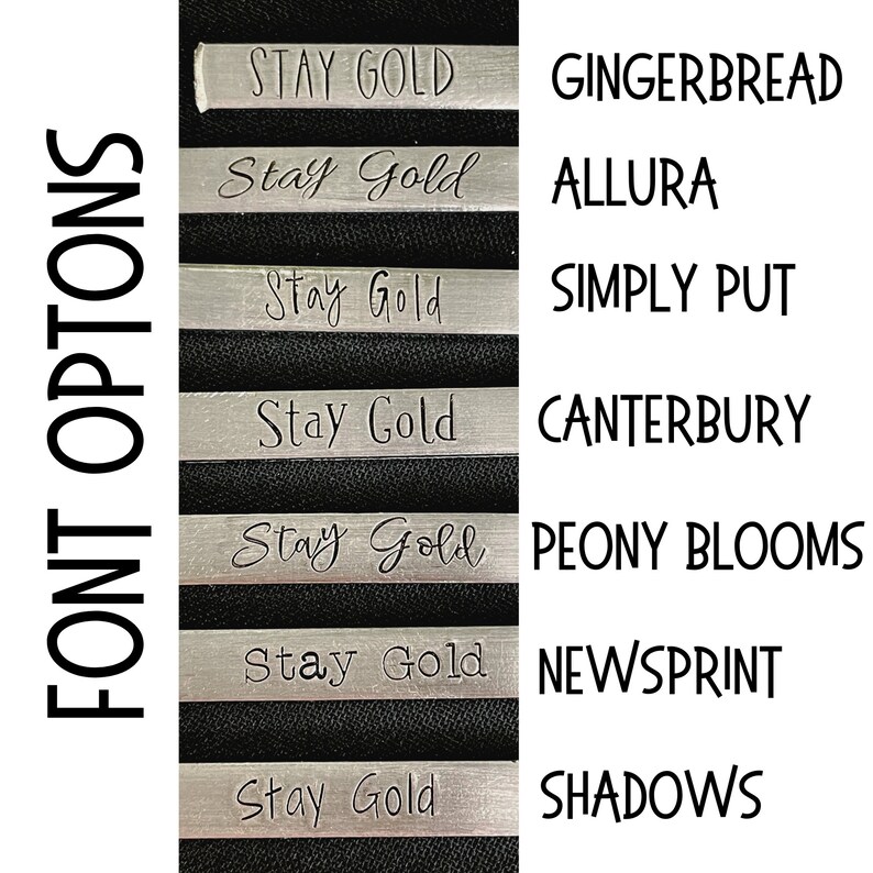 May include: A close-up of seven different font options for the text "Stay Gold". The fonts are Gingerbread, Allura, Simply Put, Canterbury, Peony Blooms, Newsprint, and Shadows.
