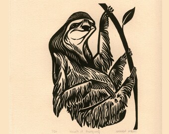 Sloth Linocut Relief Print on Dyed Paper