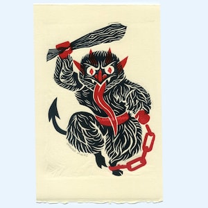 Krampus Holiday Christmas Card Linocut Print