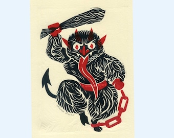 Krampus Holiday Christmas Card Linocut Print