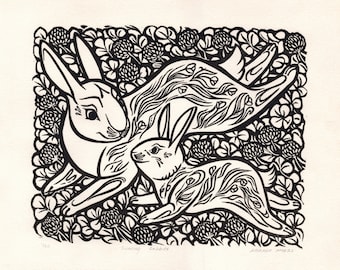 Running Rabbits One-color Linocut Relief Print