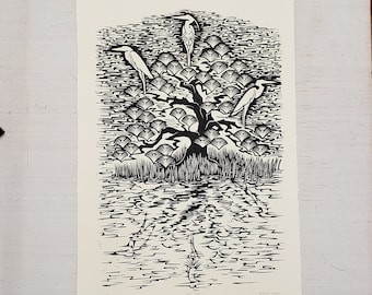 High Tide large handmade linocut relief print