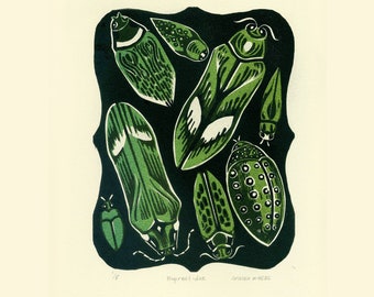Color-changing Jewel Beetles Handmade Linocut print