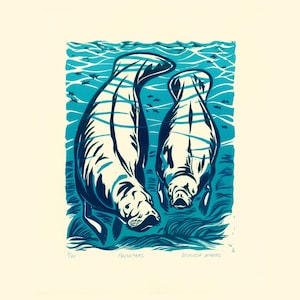 Manatees linocut relief print