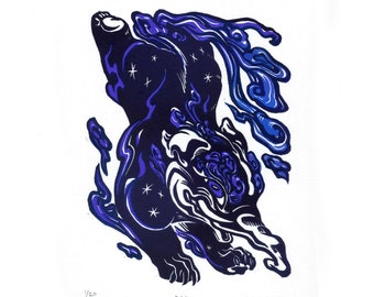 Baku color-changing linocut relief print
