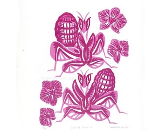 Orchid Mantis Linocut relief print