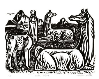 Llama Party Linocut Relief Print