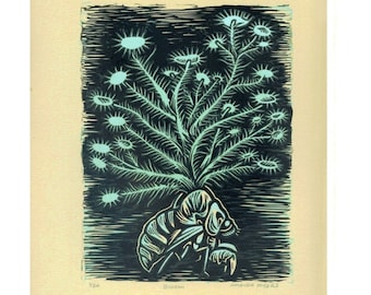 Bloom Cicada and Lichen, 2-color linocut relief print